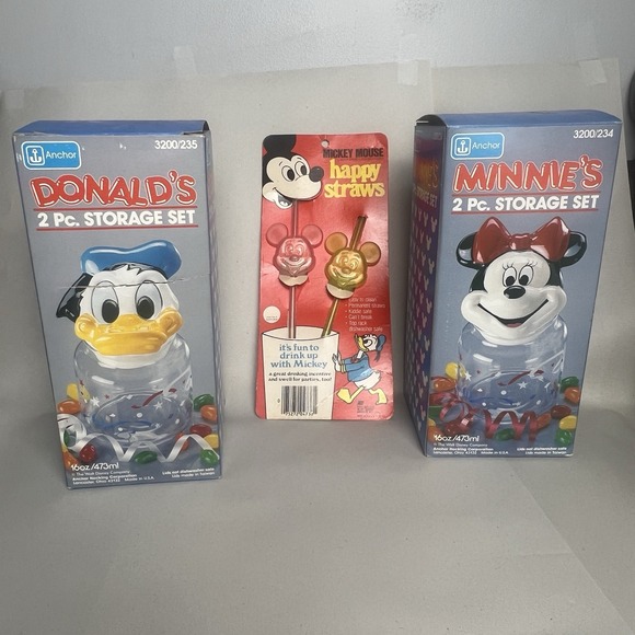 Disney Other - Vintage Disney Donald & Minnie Glass Anchor Hocking Adorable Storable Jar/Straws